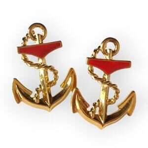 Golden anchor nautical earrings, red enamel accent